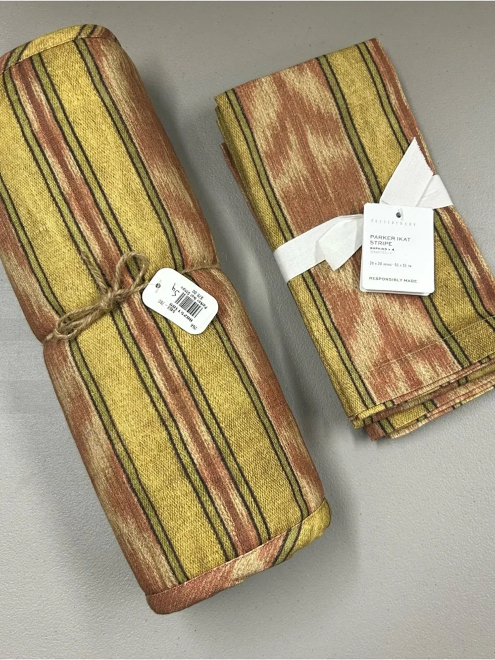 Pottery Barn Parker Stripe Ikat Quilted 4 Placemats + 4 Matching Napkins NWT